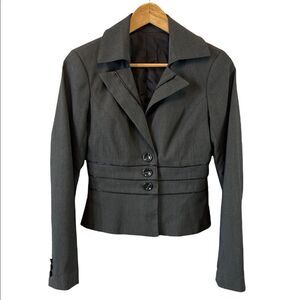 Charcoal Grey Pinstripe Fitted 3 Button Faux Leather Piped Blazer Jacket 7/8